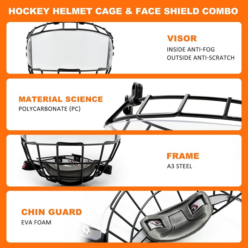 GY Hockey Helmet Cage & Face Shield Protector Combo Ice Hockey Full Face Shield Junior & Youth - Image 2